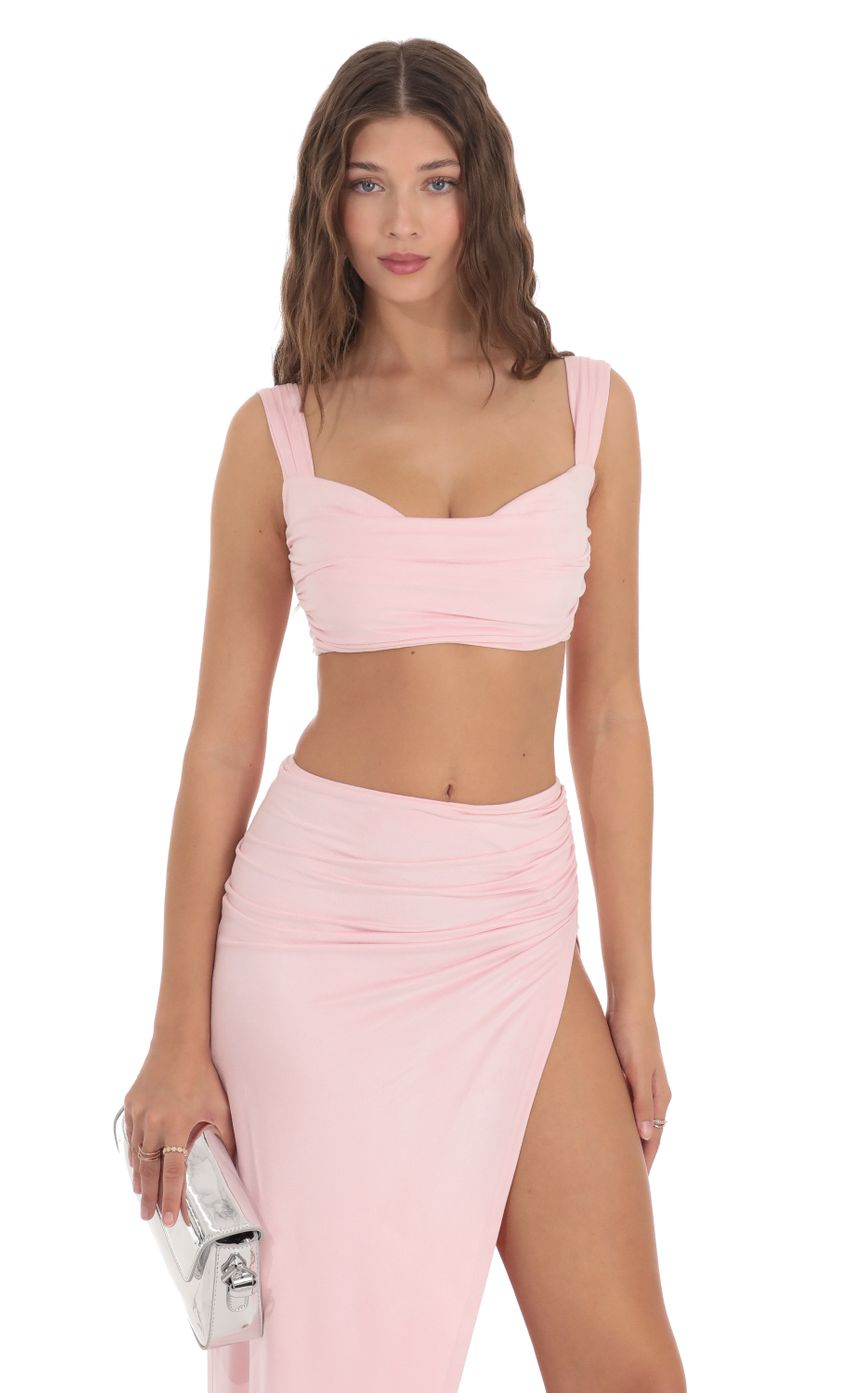 Picture Suede Ruched Two Piece Set in Pink. Source: https://media-img.lucyinthesky.com/data/Nov23/850xAUTO/ada0f6fb-af8b-4a30-b503-a85d051ce9f8.jpg