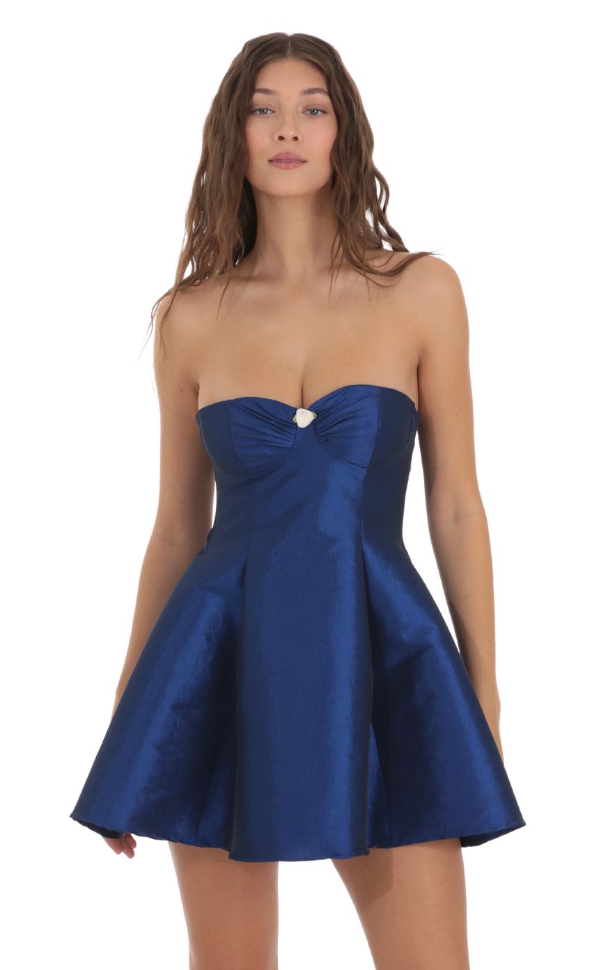 Flower Strapless Flare Dress in Blue | LUCY IN THE SKY