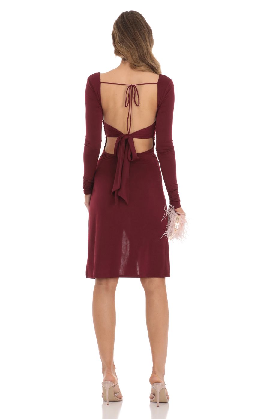 Picture Long Sleeve Open Back Midi Dress in Maroon. Source: https://media-img.lucyinthesky.com/data/Nov23/850xAUTO/b4262a0a-0539-4d10-86d1-22a88cfc057e.jpg