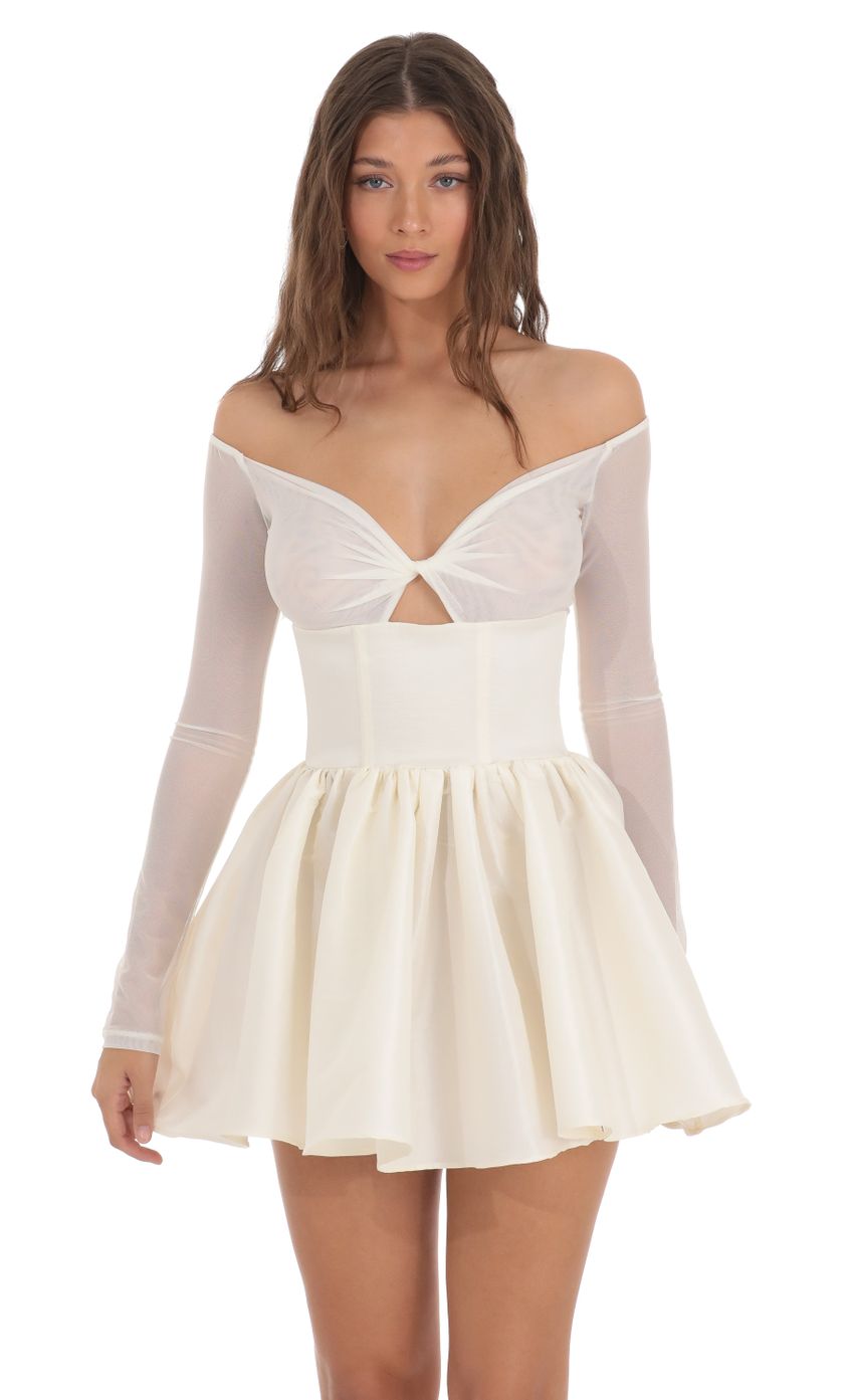 Picture Off Shoulder Mesh Twist Cutout Flair Dress in White. Source: https://media-img.lucyinthesky.com/data/Nov23/850xAUTO/b4570075-622c-4a3f-a835-7d066442391e.jpg