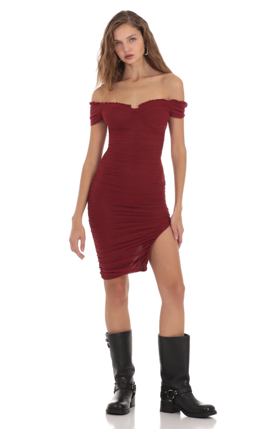 Picture Mesh Off Shoulder Dress in Burgundy. Source: https://media-img.lucyinthesky.com/data/Nov23/850xAUTO/b70457cd-1c70-4bb5-b93e-55fe7928f2d2.jpg