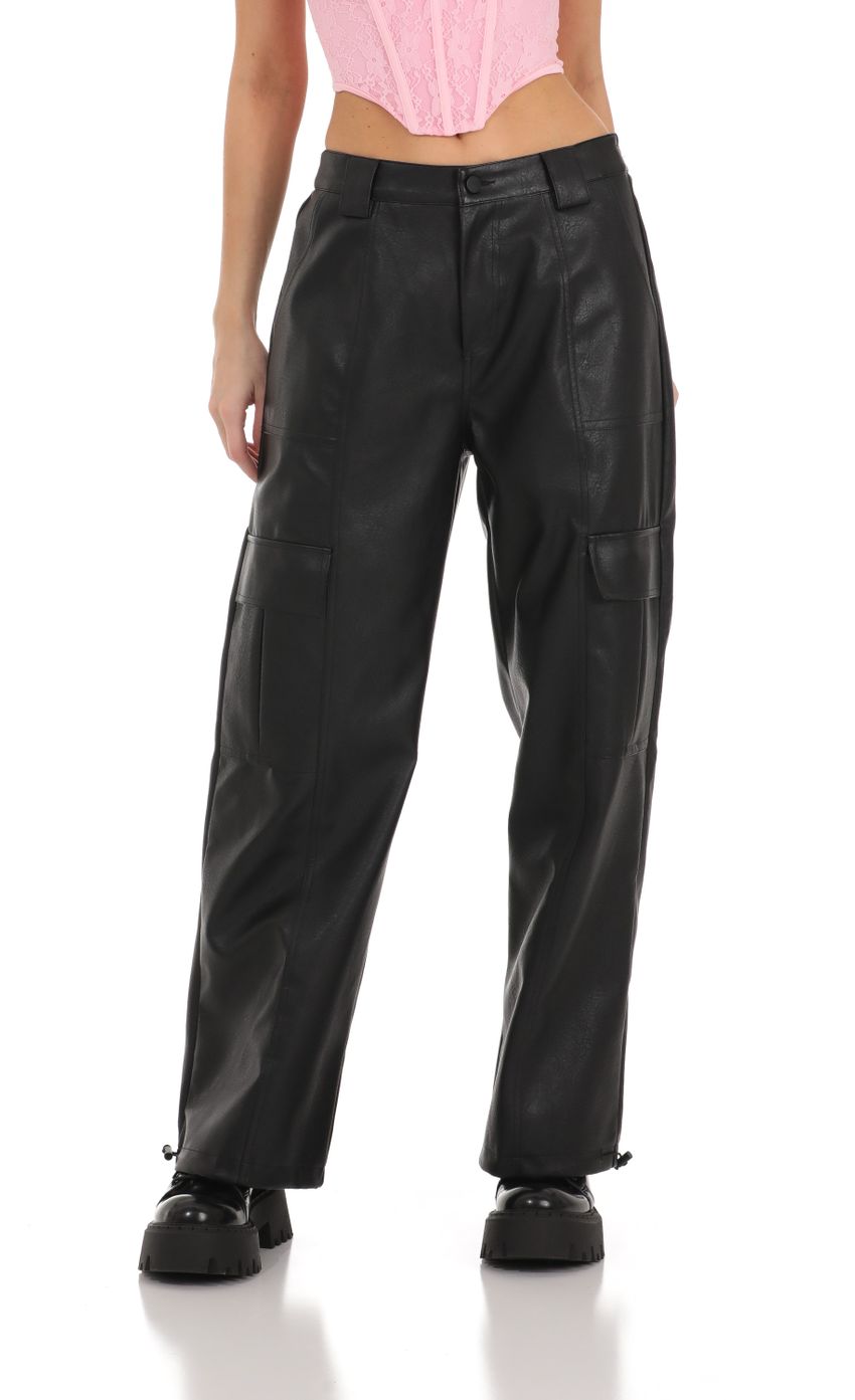 Picture Pleather Cargo Pants in Black. Source: https://media-img.lucyinthesky.com/data/Nov23/850xAUTO/b78ad289-10aa-4709-8da6-0ed4cd75bd97.jpg