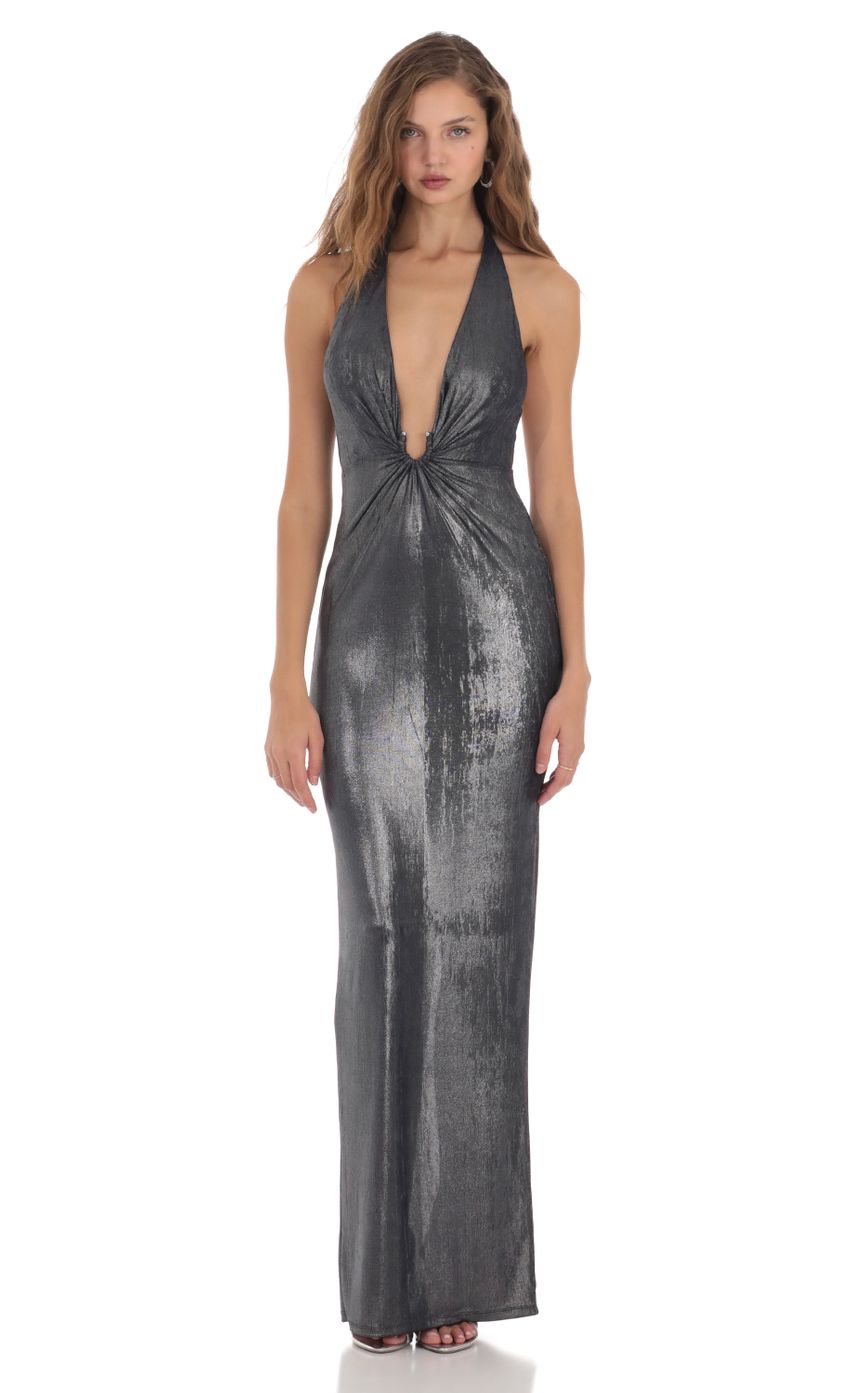 Picture Metallic Plunge Neck Dress in Navy. Source: https://media-img.lucyinthesky.com/data/Nov23/850xAUTO/c0d7431d-984f-427e-a73b-87eb72e8ba7a.jpg