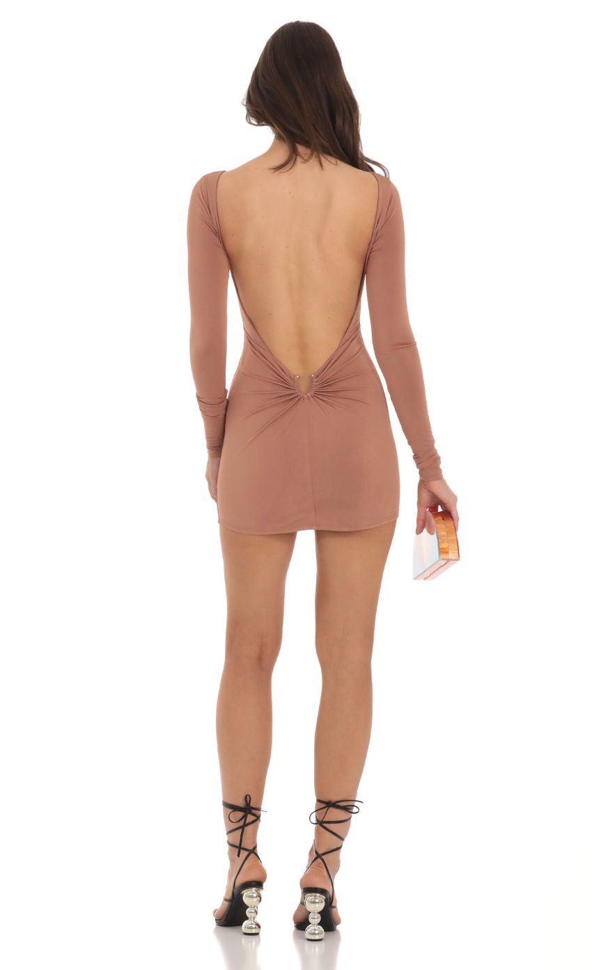 Picture Cerelia Open Back Dress in Light Brown. Source: https://media-img.lucyinthesky.com/data/Nov23/850xAUTO/c1ac19cb-6acd-40c2-95e3-d6dee4dbcb38.jpg