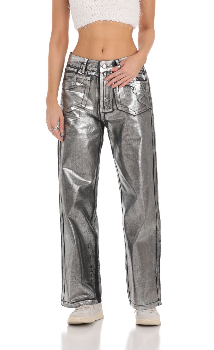 Picture Metallic Foiled Black Jeans in Silver. Source: https://media-img.lucyinthesky.com/data/Nov23/850xAUTO/c3ab85c3-b304-4652-bf1f-a3c53ef126ad.jpg