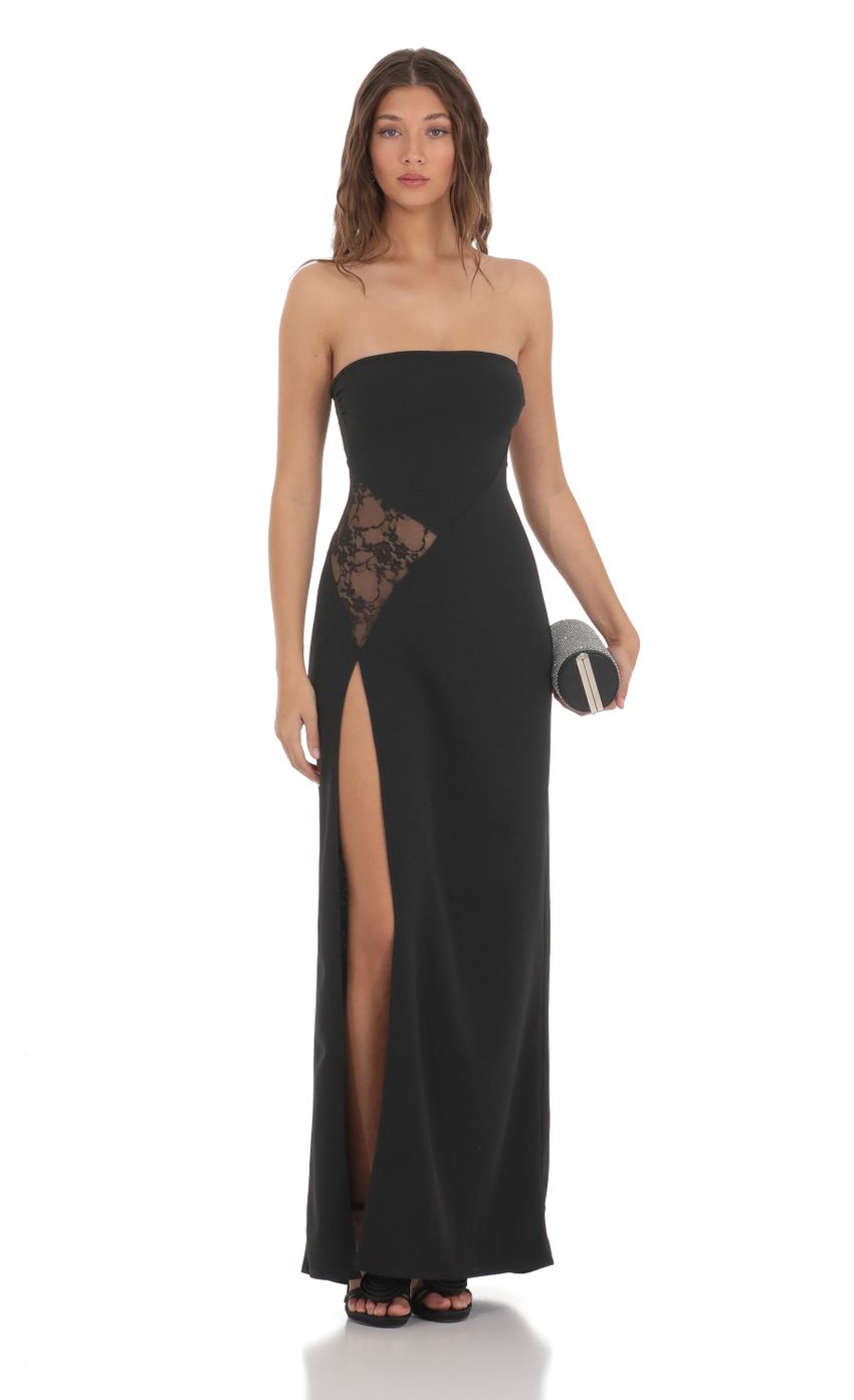 Picture Strapless Lace Cut Out Dress in Black. Source: https://media-img.lucyinthesky.com/data/Nov23/850xAUTO/c45f2633-bdf1-4ac4-a1d6-6292c5598491.jpg