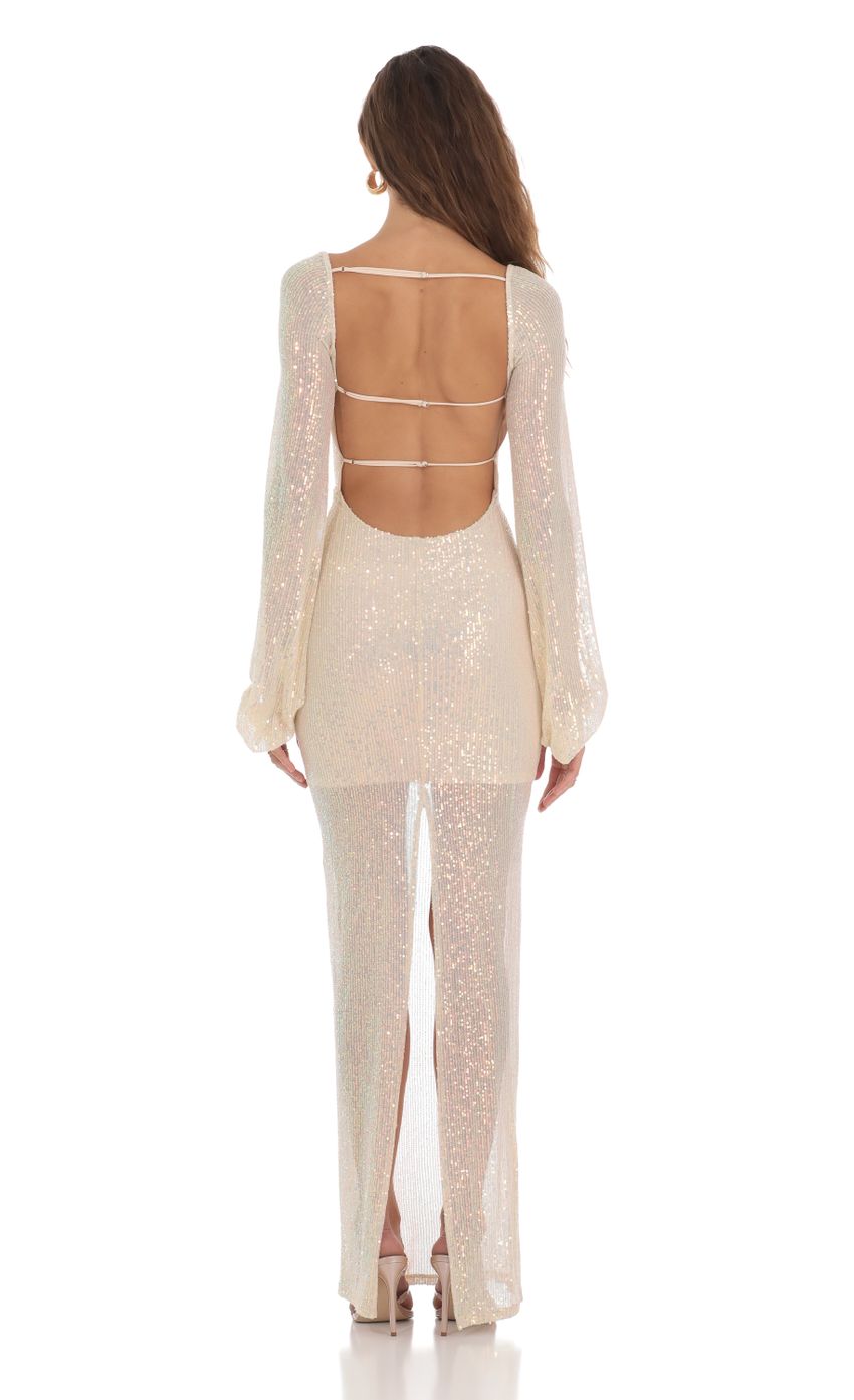 Picture Tiarra Iridescent Sequin Long Sleeve Dress in Champagne. Source: https://media-img.lucyinthesky.com/data/Nov23/850xAUTO/c516a708-a22d-466b-b9cb-b9cb3d5f8a84.jpg