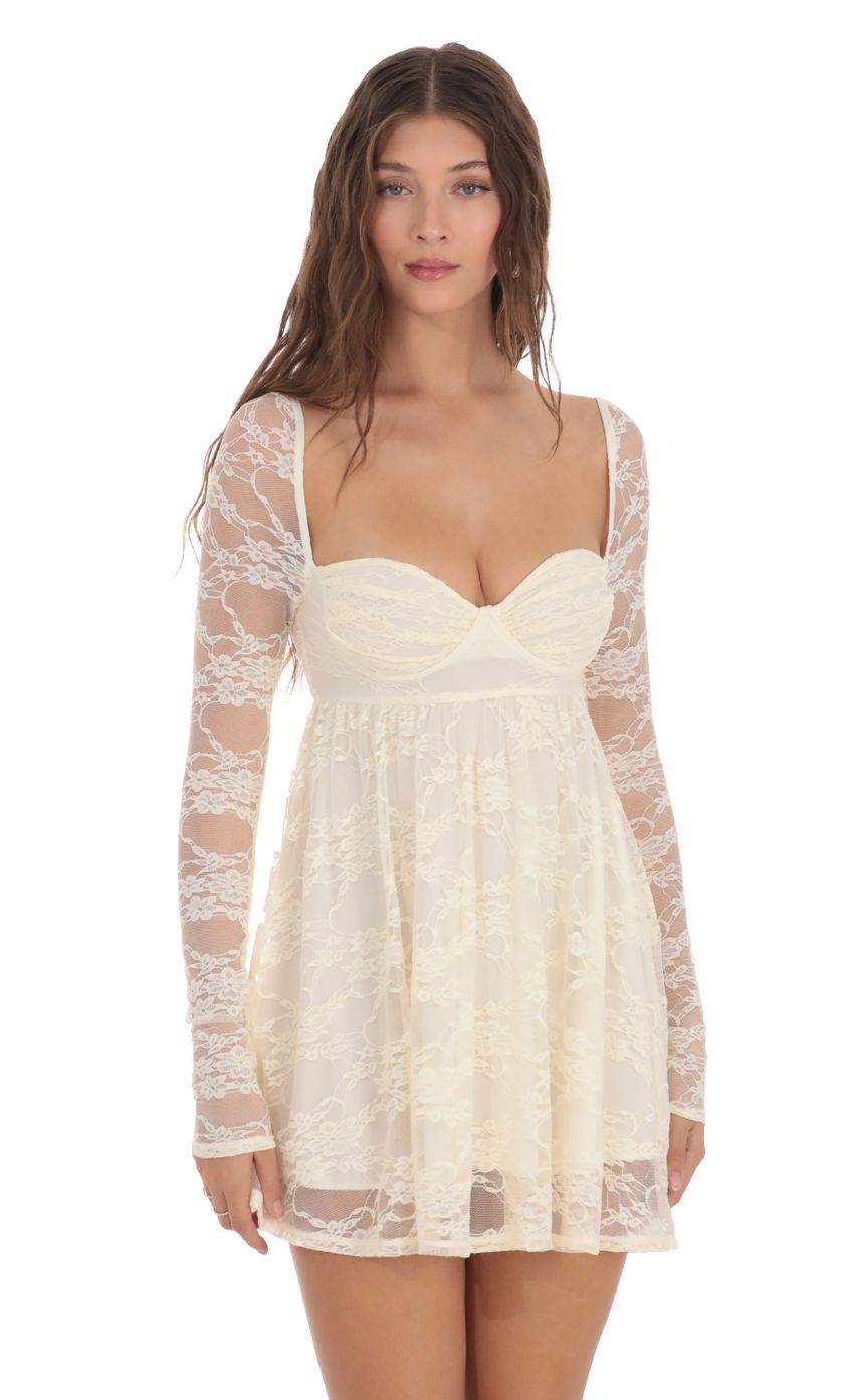 Picture Long Sleeve Lace Babydoll Dress in Cream. Source: https://media-img.lucyinthesky.com/data/Nov23/850xAUTO/cd3a25a8-45b8-4354-b53f-eb4dfd3fafde.jpg