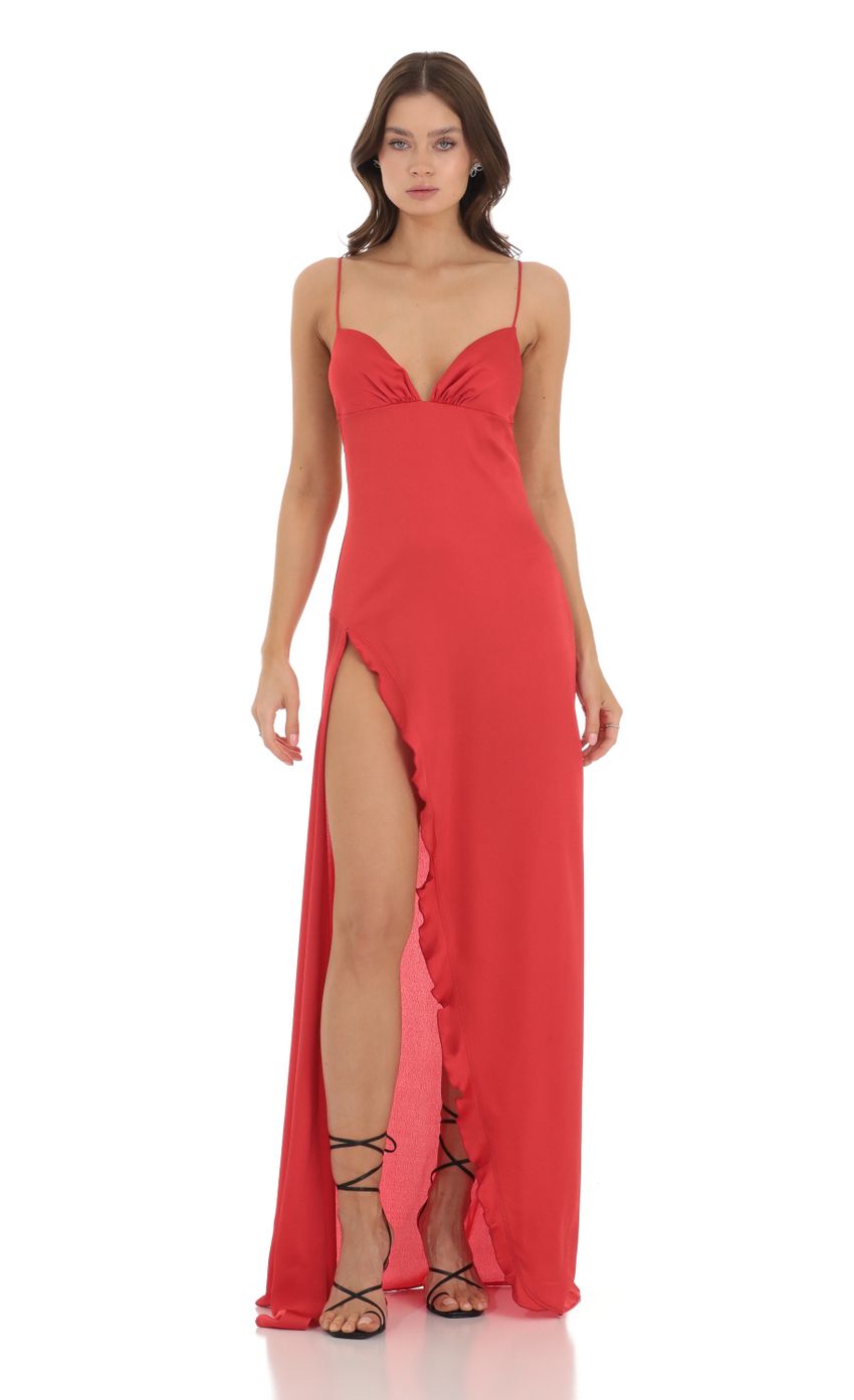 Picture Satin Ruffle Slit Maxi Dress in Red. Source: https://media-img.lucyinthesky.com/data/Nov23/850xAUTO/d054f9d4-dc26-4ecd-86f8-c5a636a44272.jpg