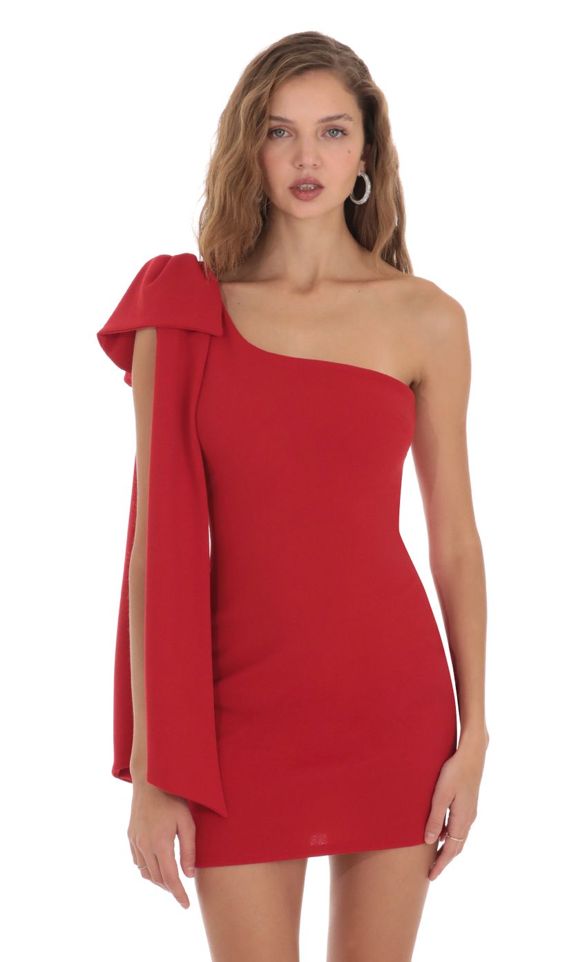 Picture One Shoulder Bow Tie Dress in Red. Source: https://media-img.lucyinthesky.com/data/Nov23/850xAUTO/d2a6de7b-fb98-49f1-9de1-0c462c00303f.jpg