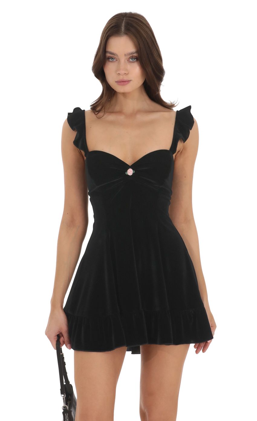 Picture Velvet Ruffle Strap A-Line Dress in Black. Source: https://media-img.lucyinthesky.com/data/Nov23/850xAUTO/e19f16e9-e0c2-4ae6-95a2-f05ea3e09faa.jpg