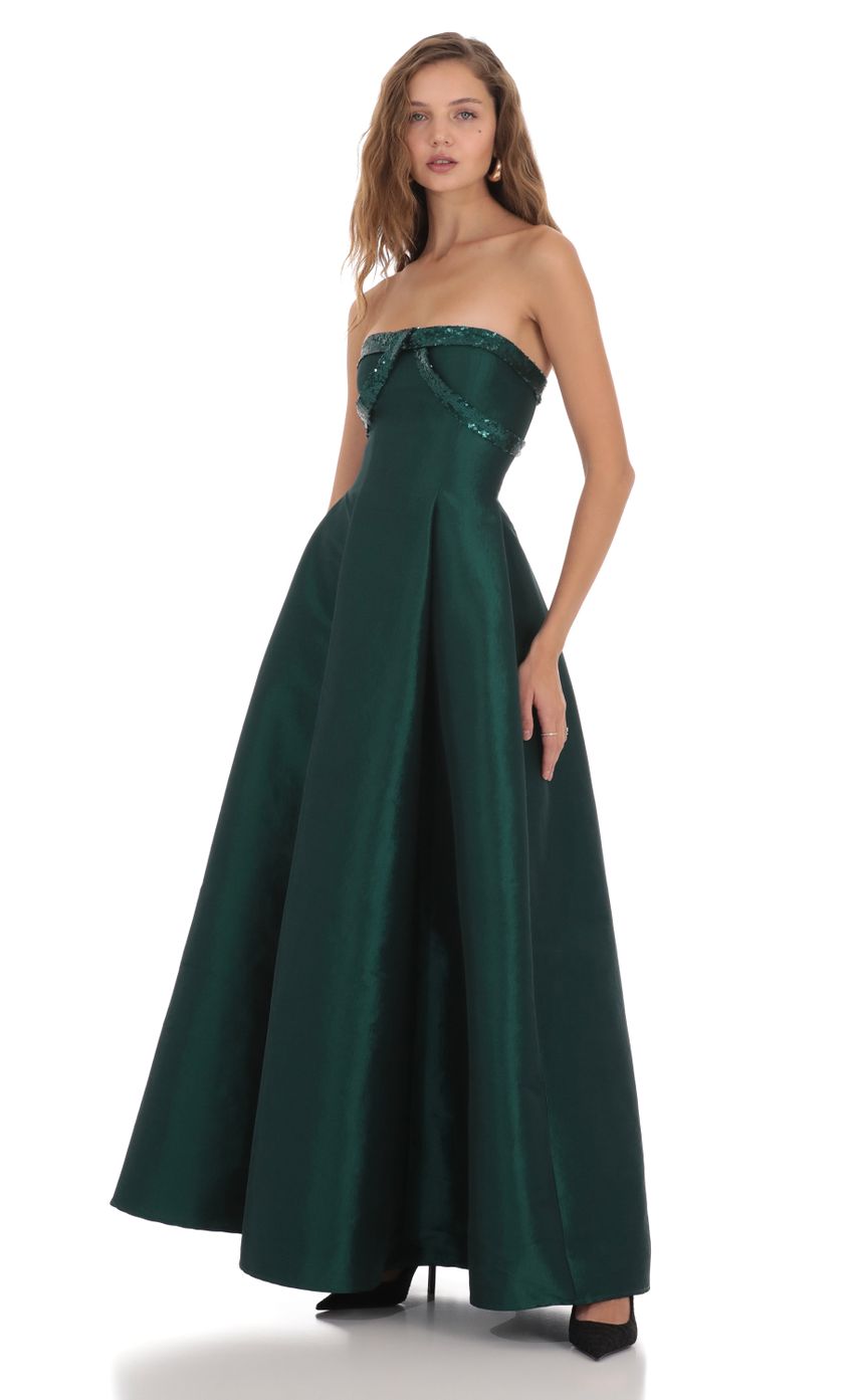 Picture Sequin Draped Strapless Maxi Dress in Green. Source: https://media-img.lucyinthesky.com/data/Nov23/850xAUTO/e865a767-6d83-4344-bef4-5dc7b499c6fd.jpg