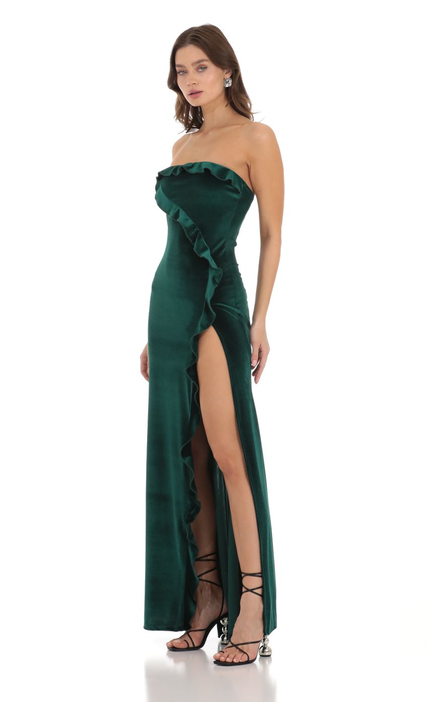 Picture Ruffle Strapless Velvet Dress in Green. Source: https://media-img.lucyinthesky.com/data/Nov23/850xAUTO/e9579bbf-0627-41fb-8a55-8737200d84b3.jpg