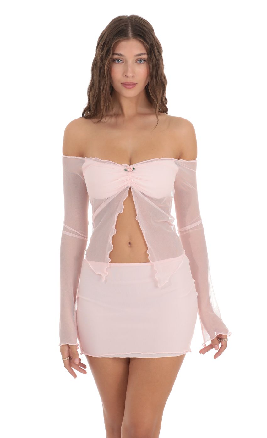 Picture Mesh Off Shoulder Two Piece Set in Pink. Source: https://media-img.lucyinthesky.com/data/Nov23/850xAUTO/eb069f74-01f6-4b9d-9b77-7e7362385d6d.jpg