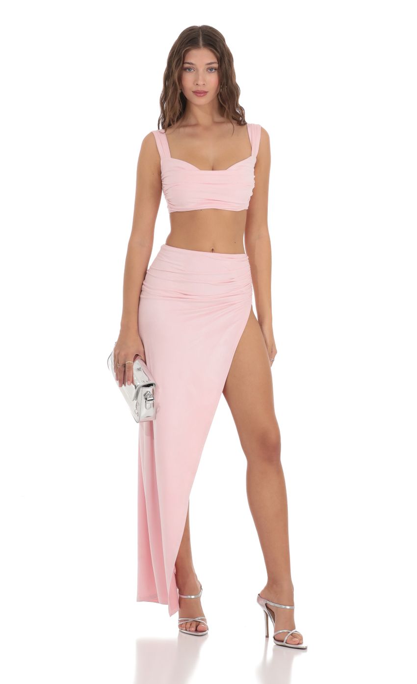 Picture Suede Ruched Two Piece Set in Pink. Source: https://media-img.lucyinthesky.com/data/Nov23/850xAUTO/eed966a0-c8b9-4d5f-96f2-e5e12bc5ecf1.jpg