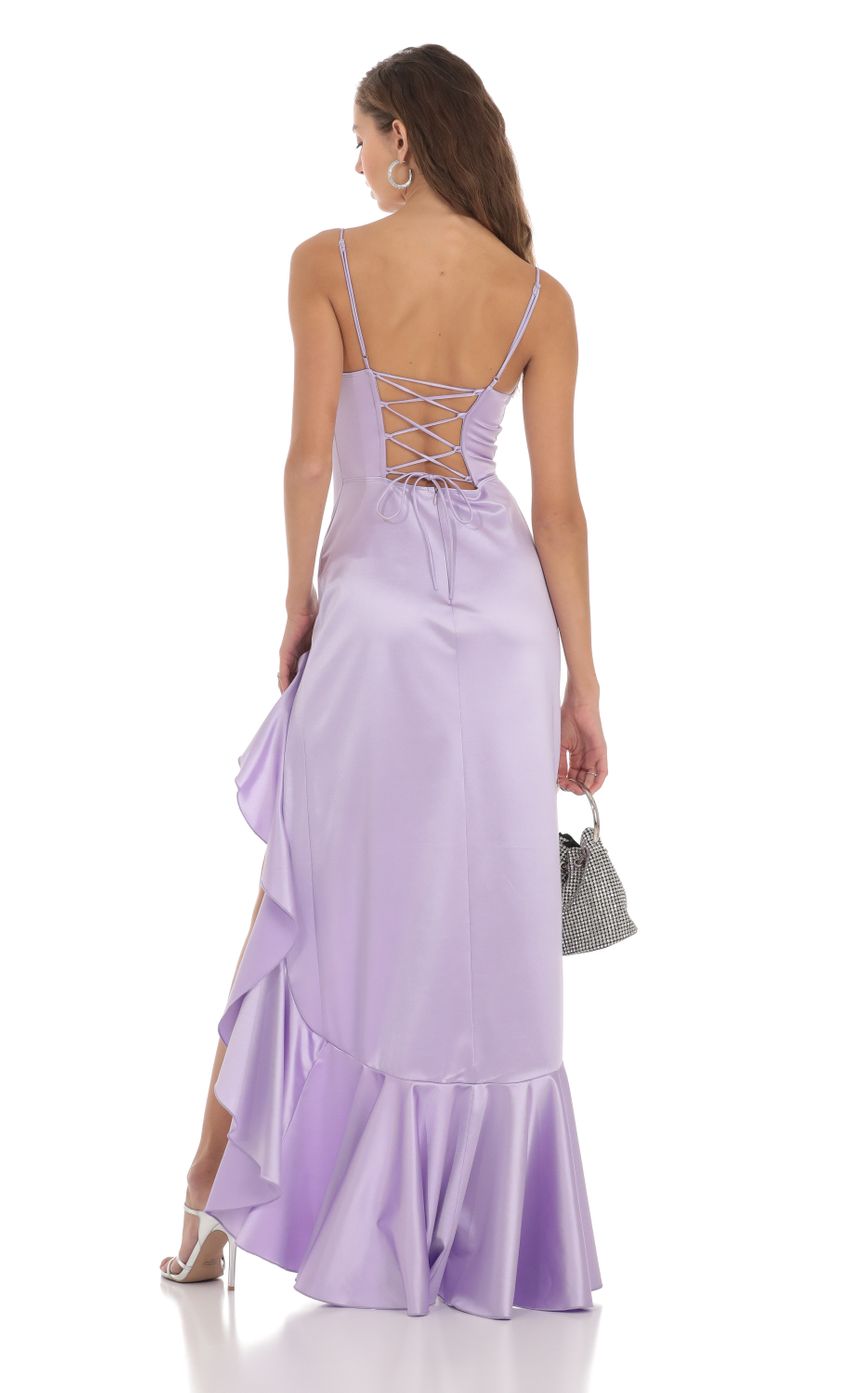 Picture Venus Satin Ruffle Dress in Lavender. Source: https://media-img.lucyinthesky.com/data/Nov23/850xAUTO/f5646783-0d01-4354-a164-7d35c19cee01.jpg