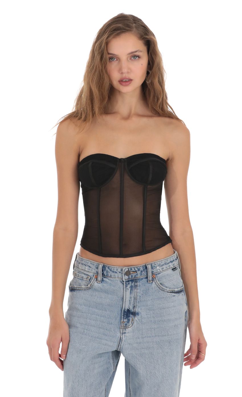 Picture Mesh Corset Strapless Top in Black. Source: https://media-img.lucyinthesky.com/data/Nov23/850xAUTO/f90a8a1c-a2f1-42d5-8afb-32875d70a4ee.jpg
