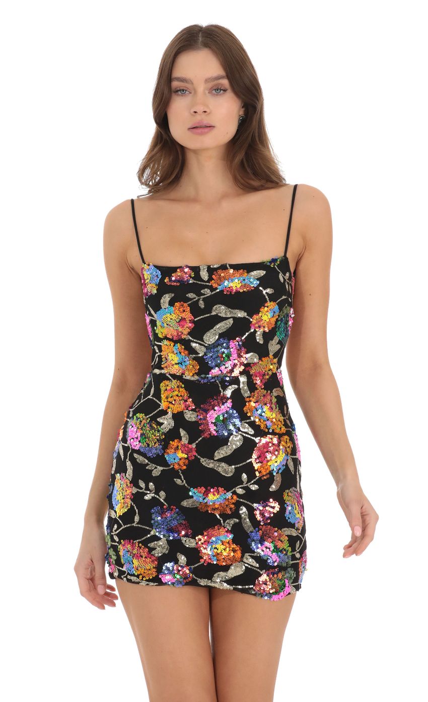 Picture Strappy Multicolor Sequin Dress in Black. Source: https://media-img.lucyinthesky.com/data/Nov23/850xAUTO/fd3ef2ac-86d6-403a-9d84-0d99c758a62f.jpg