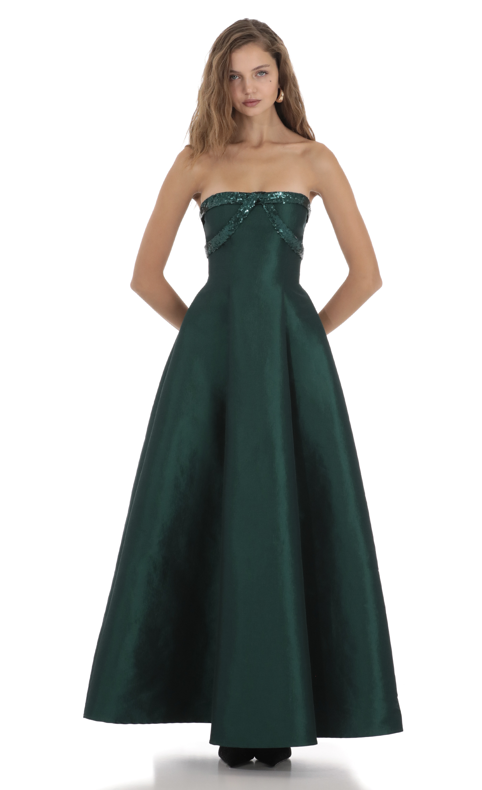 Sequin Draped Strapless Maxi Dress in Green