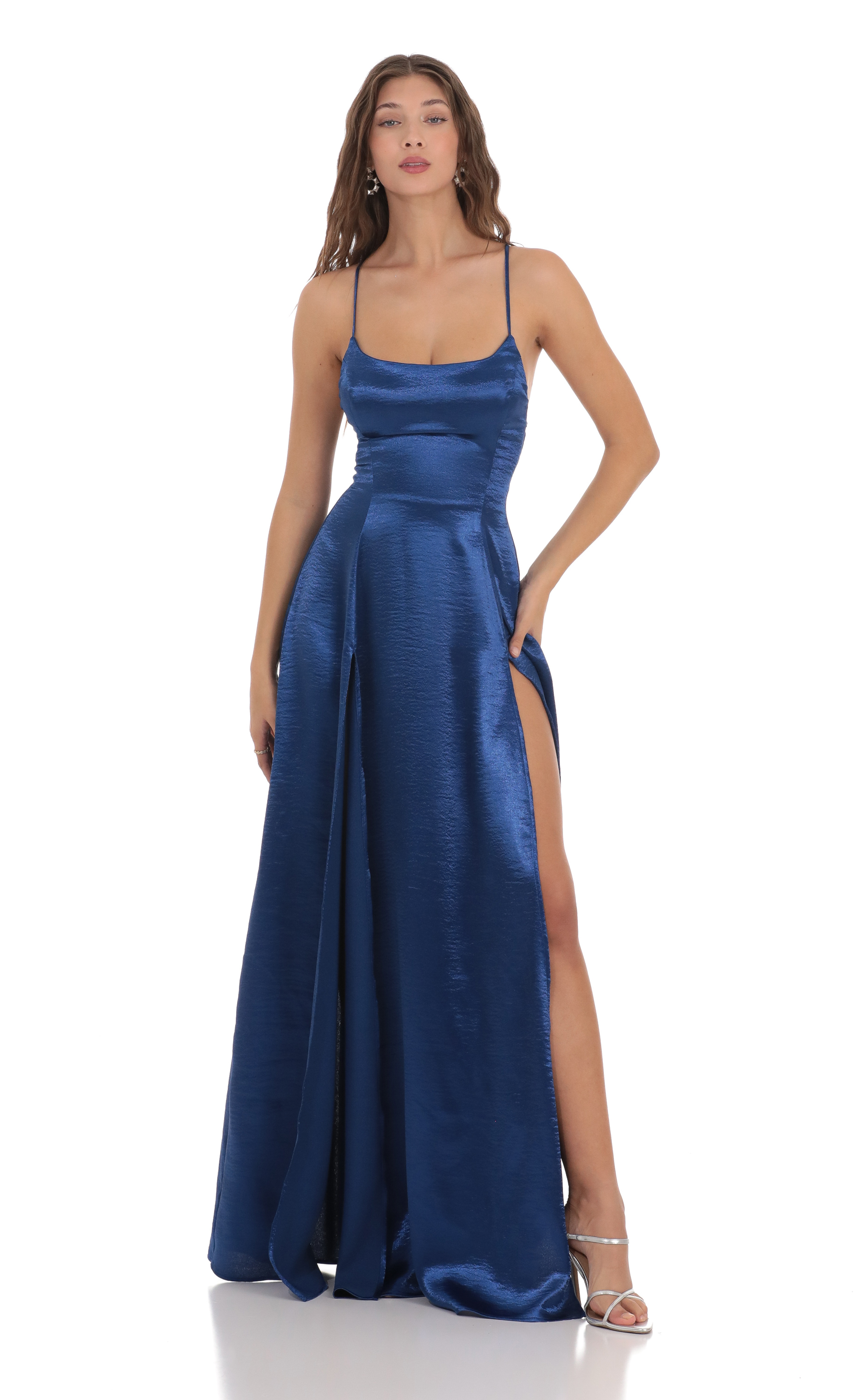 Satin Double Slit Maxi Dress in Navy