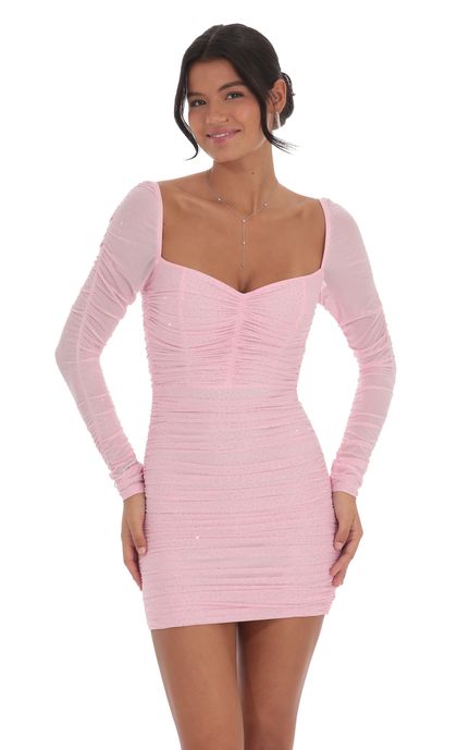 Rhinestone Long Sleeve Bodycon Dress in Pink | LUCY IN THE SKY