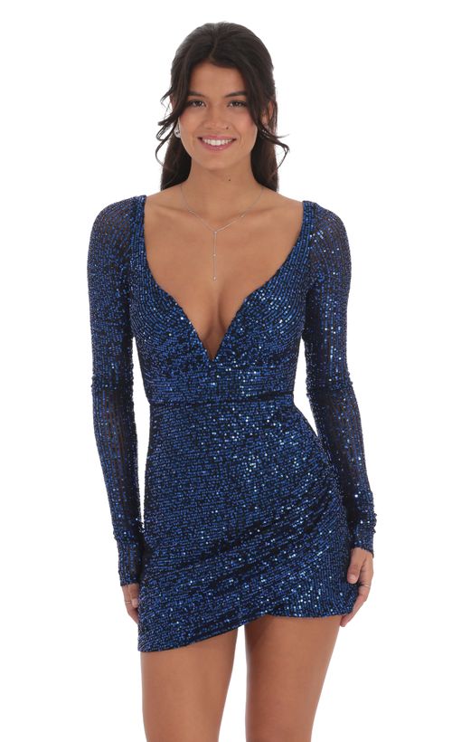 Lace Long Sleeve Bodycon Dress in Blue | LUCY IN THE SKY