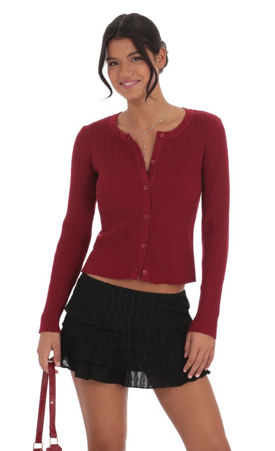 Ribbed Knit Button Cardigan in Maroon