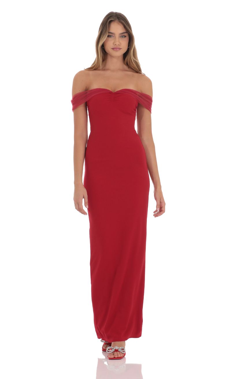 Tulle Off Shoulder Sleeve Maxi Dress in Red | LUCY IN THE SKY Tulle Off Shoulder Sleeve Maxi Dress in Red | LUCY IN THE SKY