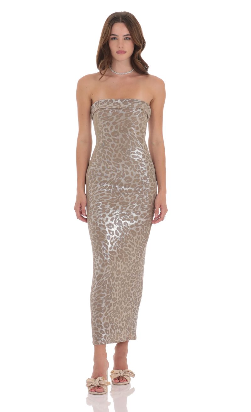 Strapless Metallic Maxi Dress in Cheetah Print | LUCY IN THE SKY Strapless Metallic Maxi Dress in Cheetah Print | LUCY IN THE SKY