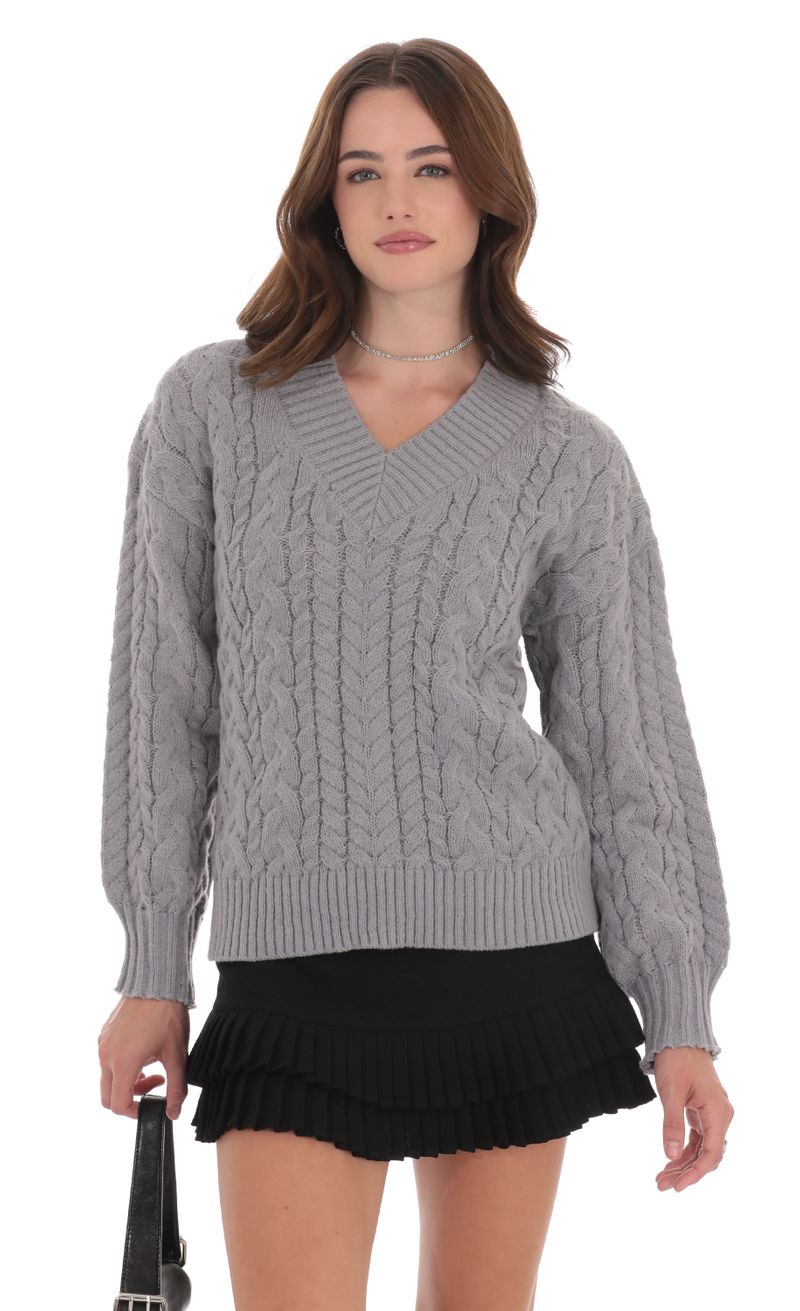 Cable Knit V-Neck Jumper in Grey | LUCY IN THE SKY