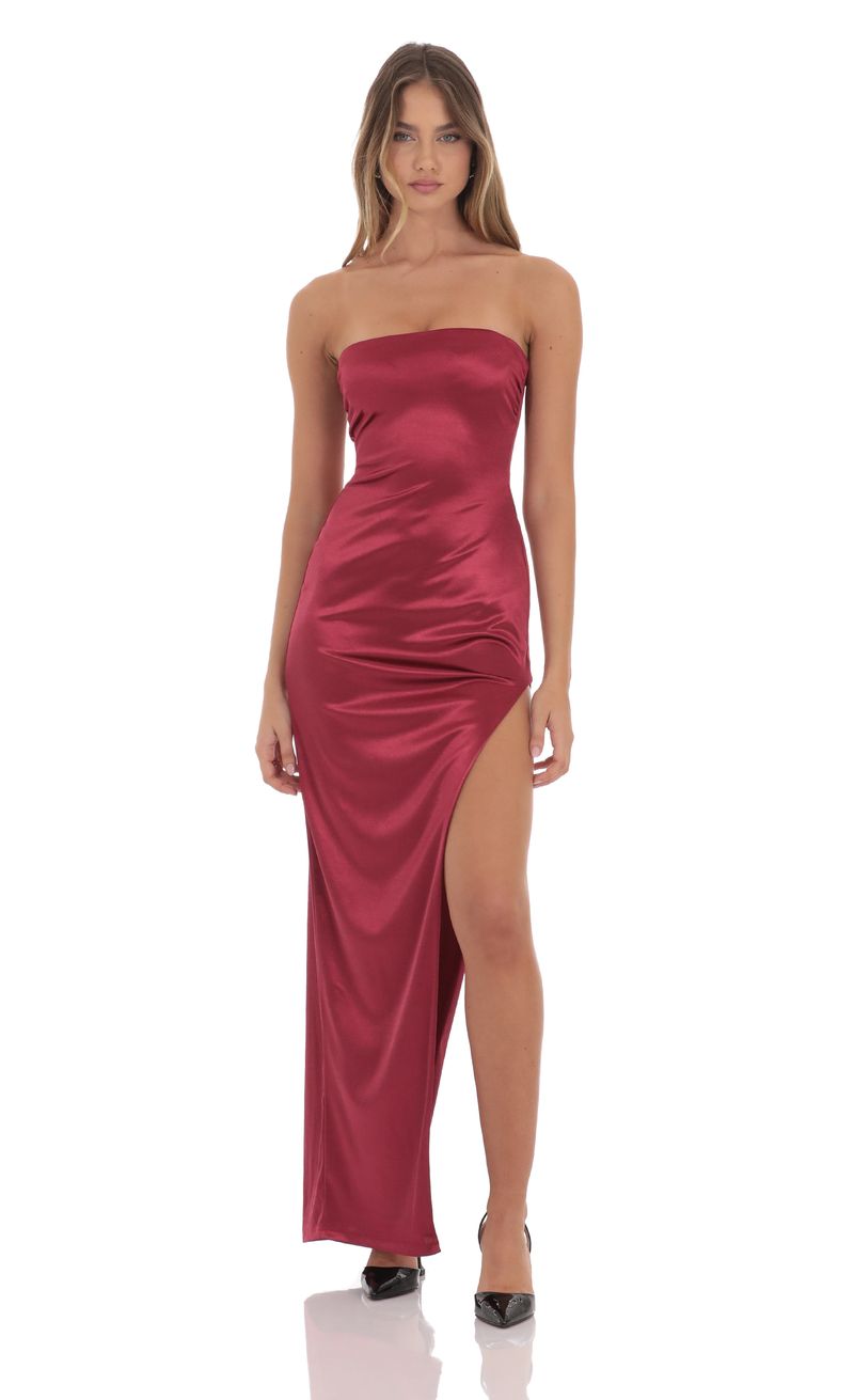 burgundy dress strapless Satin Strapless High-Low Maxi Dress main image 1