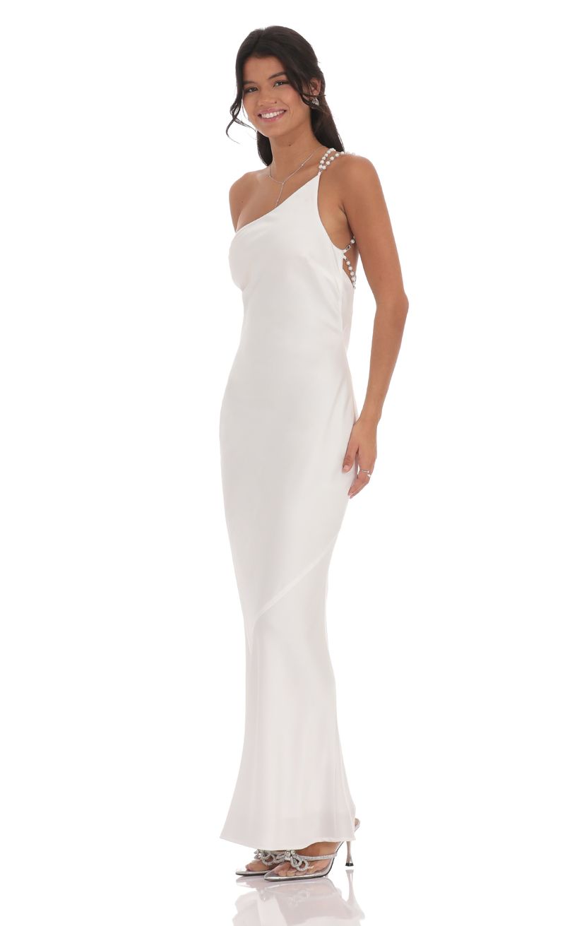 One Shoulder Pearl Satin Maxi Dress in White | LUCY IN THE SKY