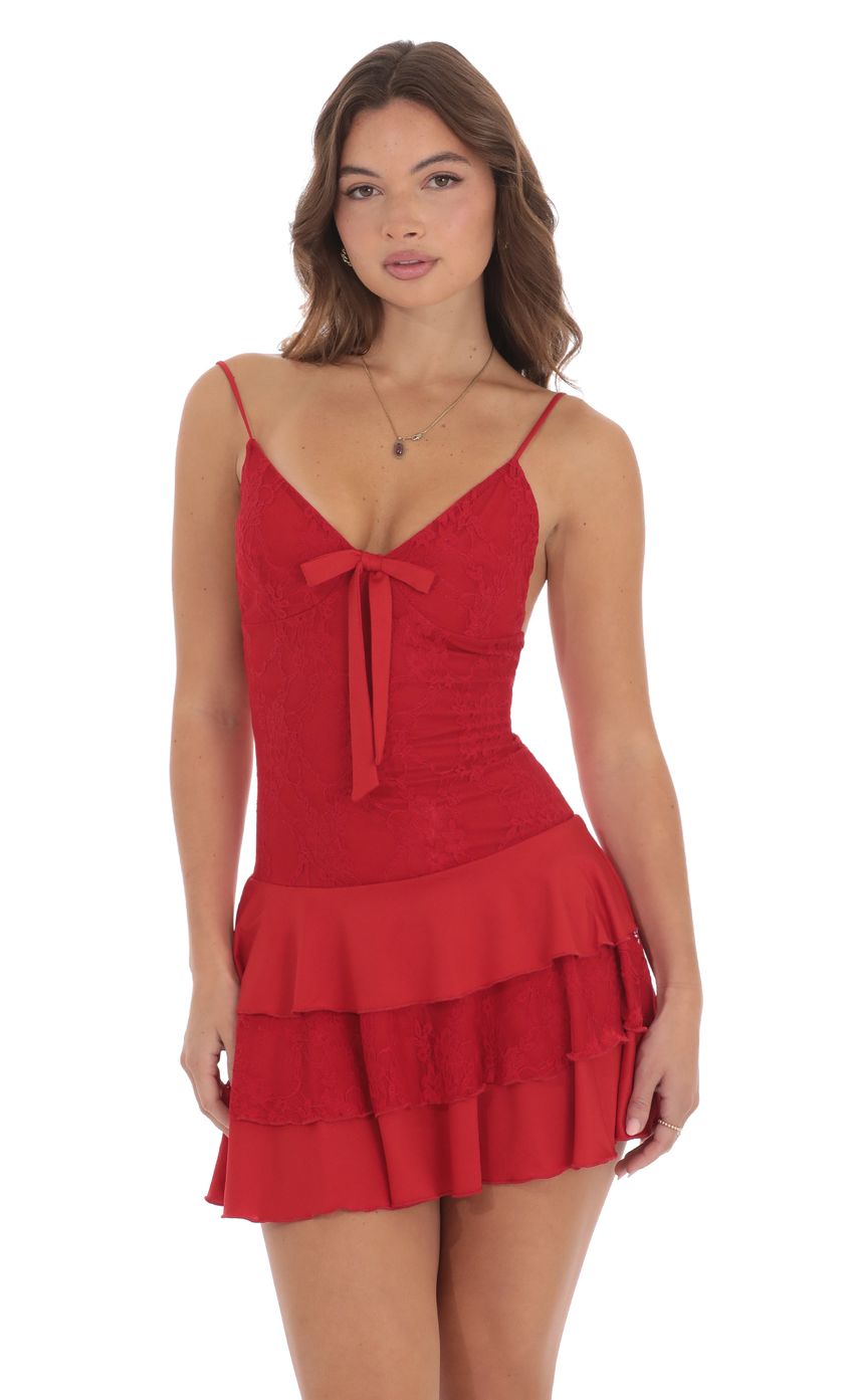 Lace Ruffle Bow Dress in Red | LUCY IN THE SKY