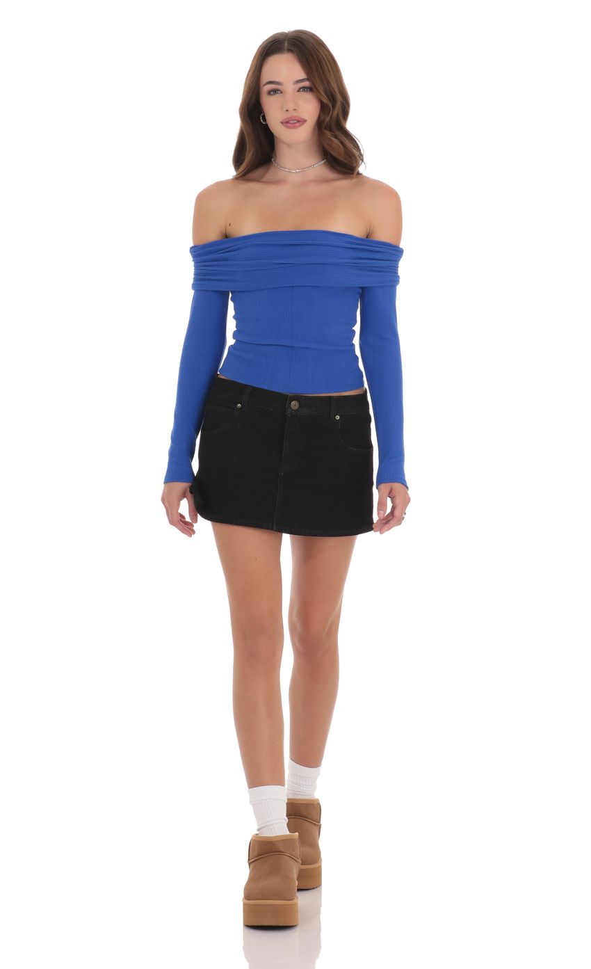 Picture Ribbed Off Shoulder Back Tie Top in Blue. Source: https://media-img.lucyinthesky.com/data/Nov24/850xAUTO/3a167846-d1d5-4528-8f9e-dfdbe0f5c835.jpg