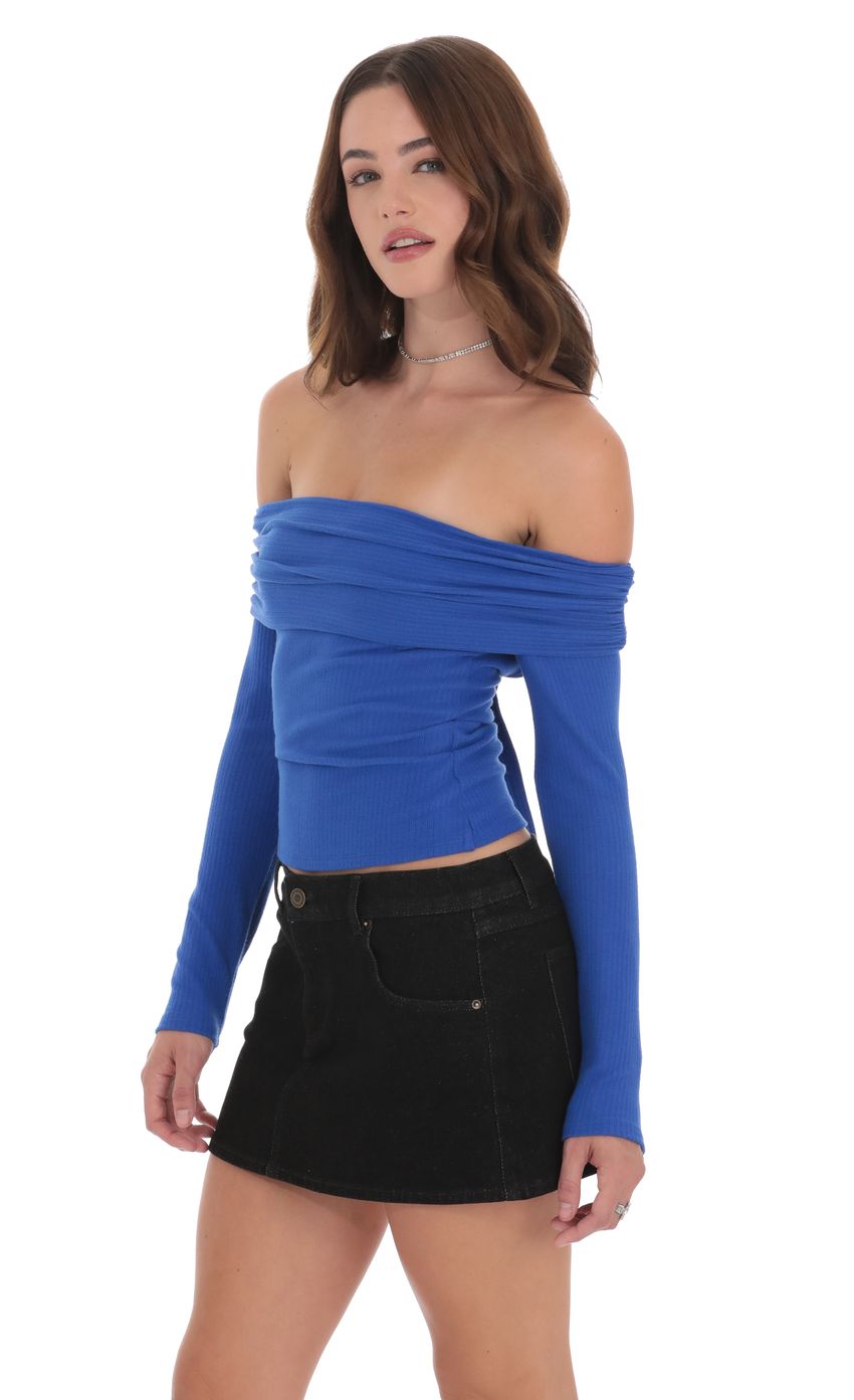 Picture Ribbed Off Shoulder Back Tie Top in Blue. Source: https://media-img.lucyinthesky.com/data/Nov24/850xAUTO/a93bccfa-0d52-45f2-8331-4cea168e4558.jpg