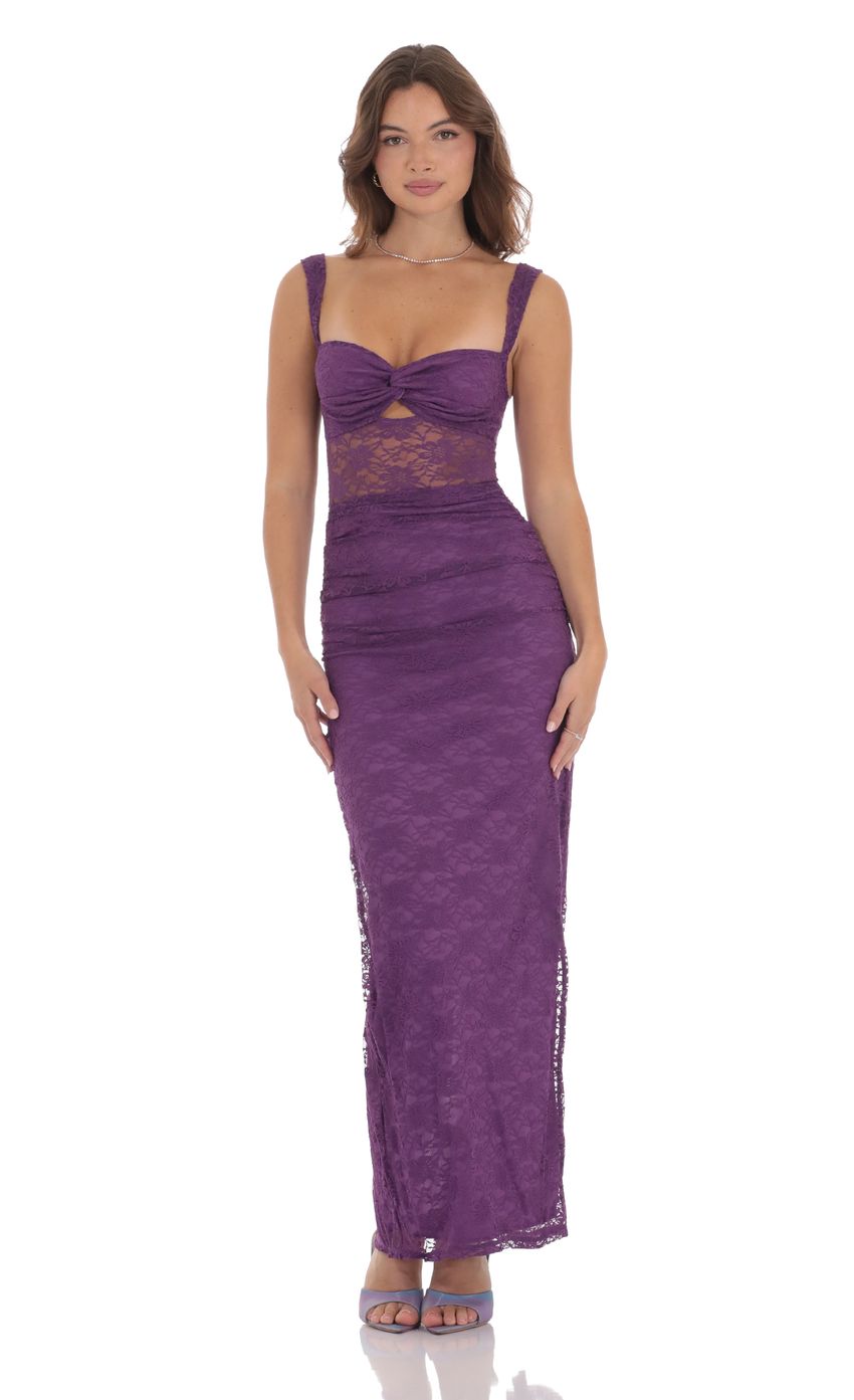 Picture Lace Twist Ruched Maxi Dress in Purple. Source: https://media-img.lucyinthesky.com/data/Nov24/850xAUTO/ed0c5a61-3056-4066-af71-92a0d0d4440f.jpg