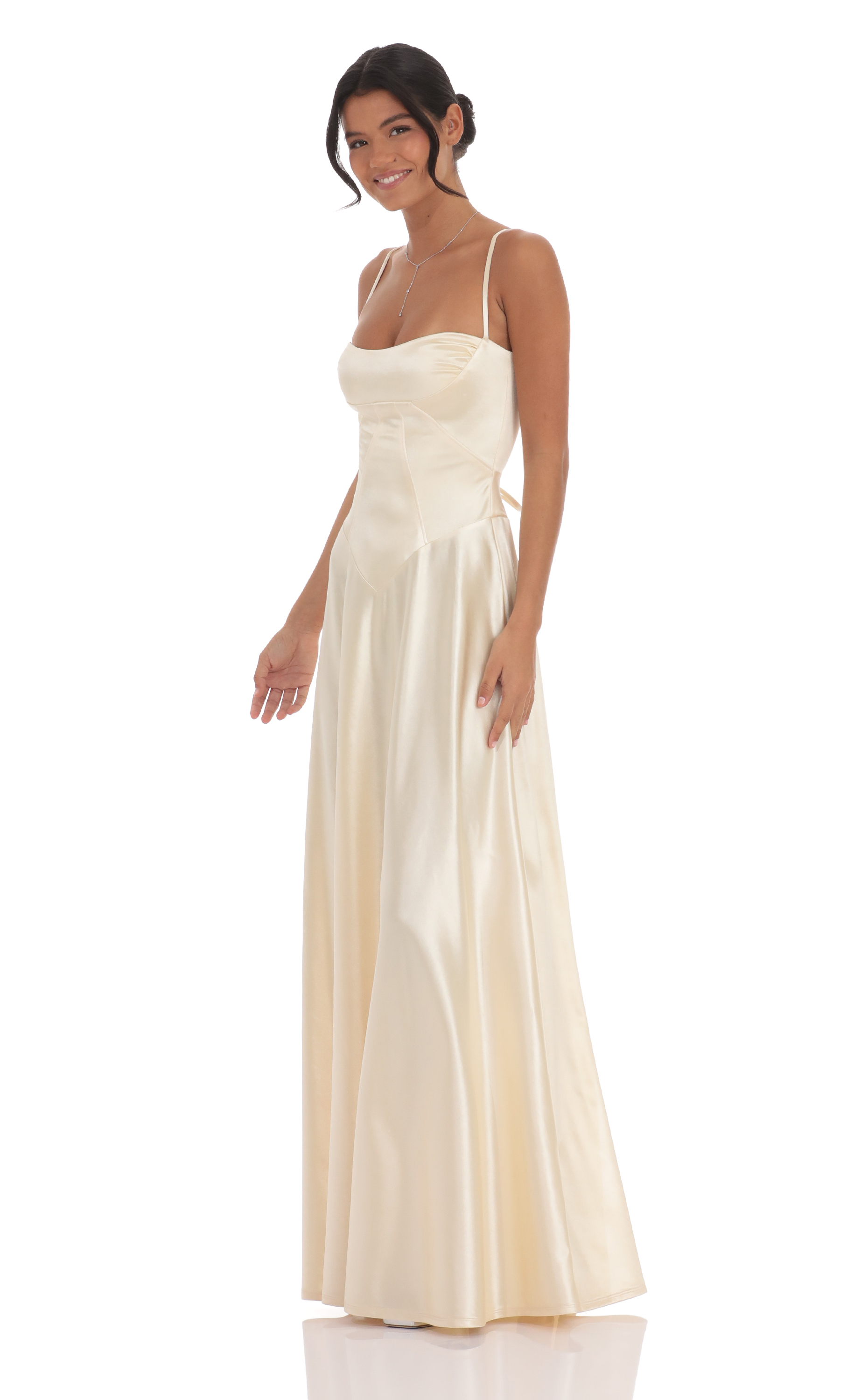 Satin Square Neck Maxi Dress in Champagne | LUCY IN THE SKY Satin Square Neck Maxi Dress in Champagne | LUCY IN THE SKY