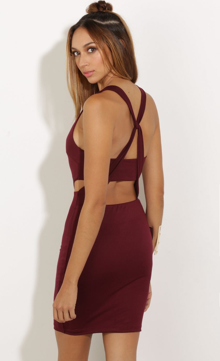 Picture Cross-Back Bodycon Dress In Burgundy. Source: https://media-img.lucyinthesky.com/data/Oct15_1/850xAUTO/0Y5A2082.JPG