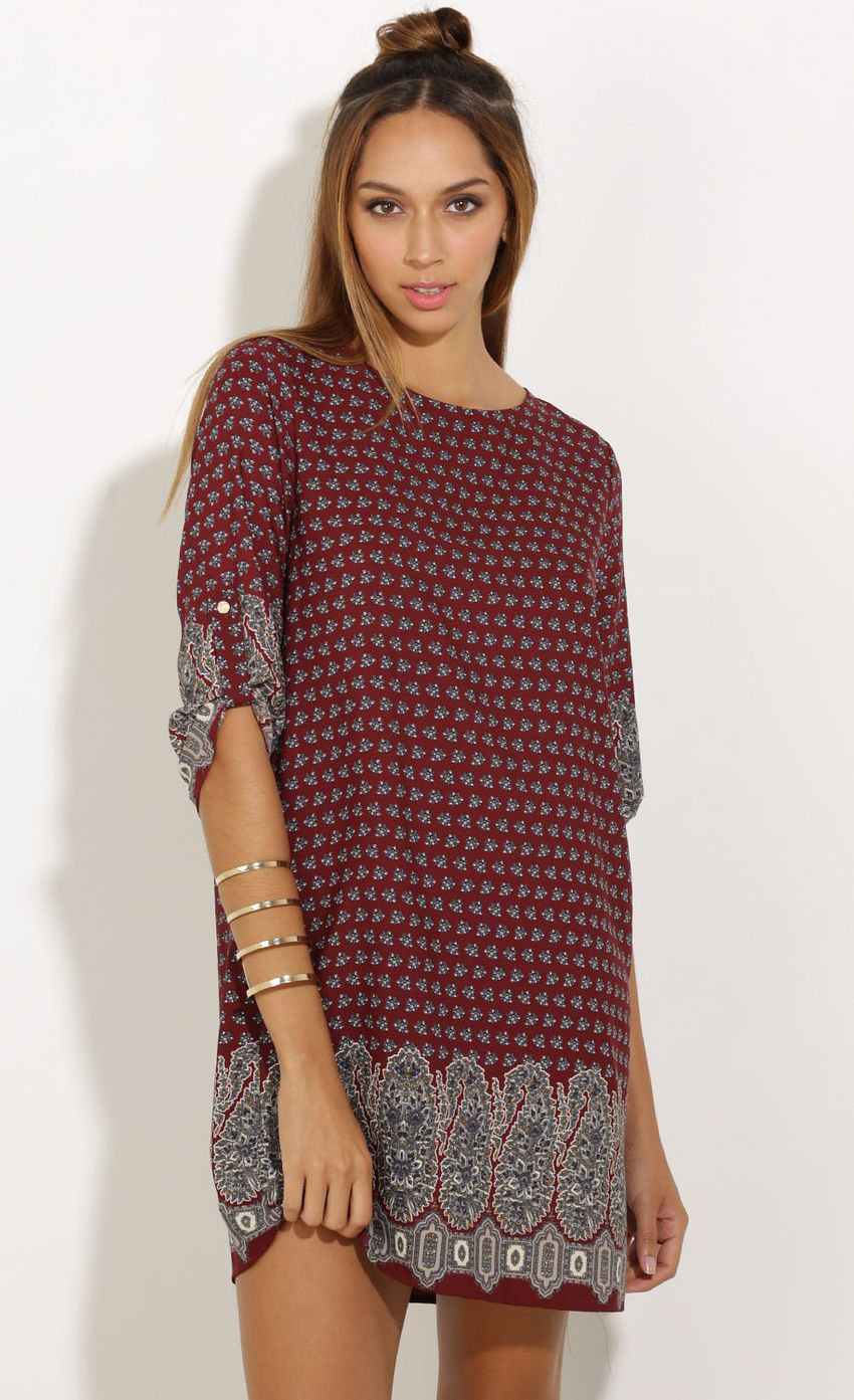 Picture Bohemian Print Dress In Burgundy. Source: https://media-img.lucyinthesky.com/data/Oct15_1/850xAUTO/0Y5A2147.JPG