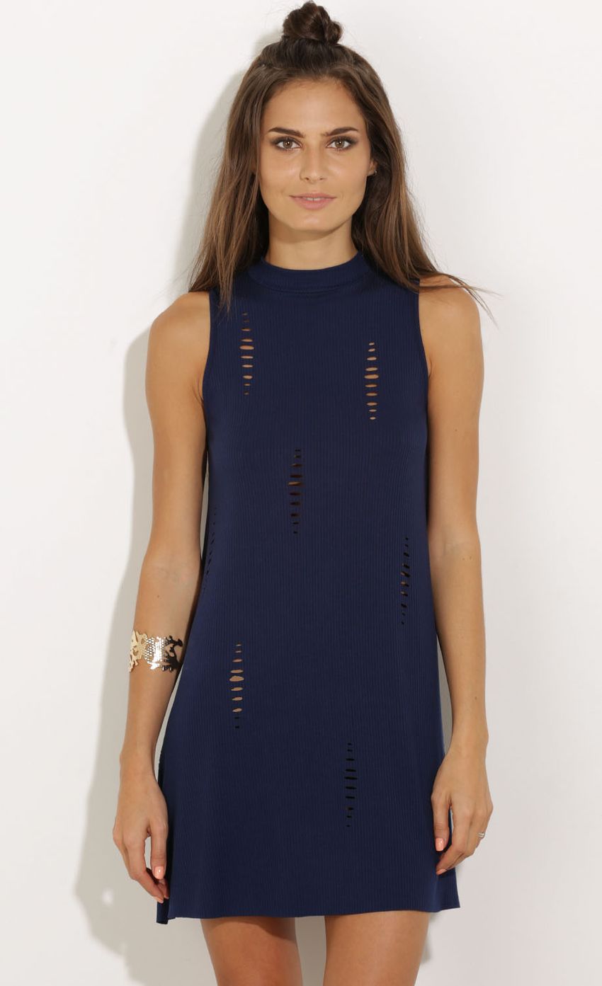 Picture Distressed Halter Shift Dress In Navy. Source: https://media-img.lucyinthesky.com/data/Oct15_2/850xAUTO/0Y5A2706.JPG