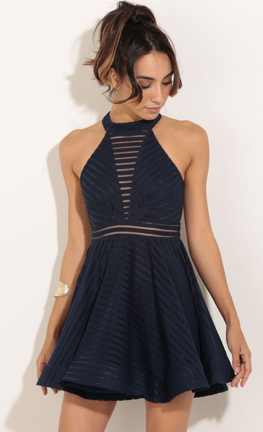 Picture Sheer Stripe Halter Dress In Navy. Source: https://media-img.lucyinthesky.com/data/Oct15_2/850xAUTO/0Y5A2810.JPG