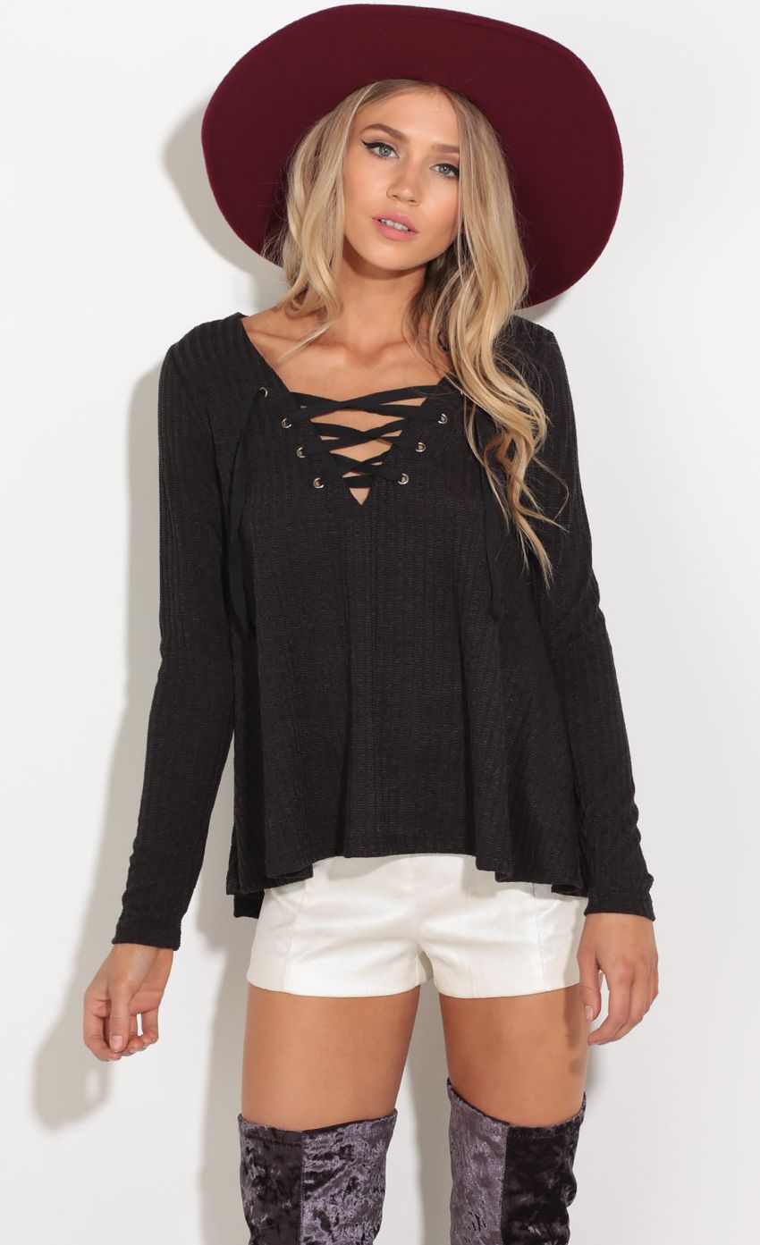 Picture Lace-Up Day Top In Black. Source: https://media-img.lucyinthesky.com/data/Oct16_1/850xAUTO/0Y5A4174.JPG