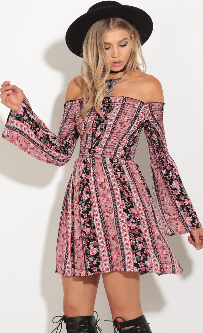 Picture Open Shoulder Floral Stripe Dress In Pink. Source: https://media-img.lucyinthesky.com/data/Oct16_1/850xAUTO/0Y5A6209.JPG