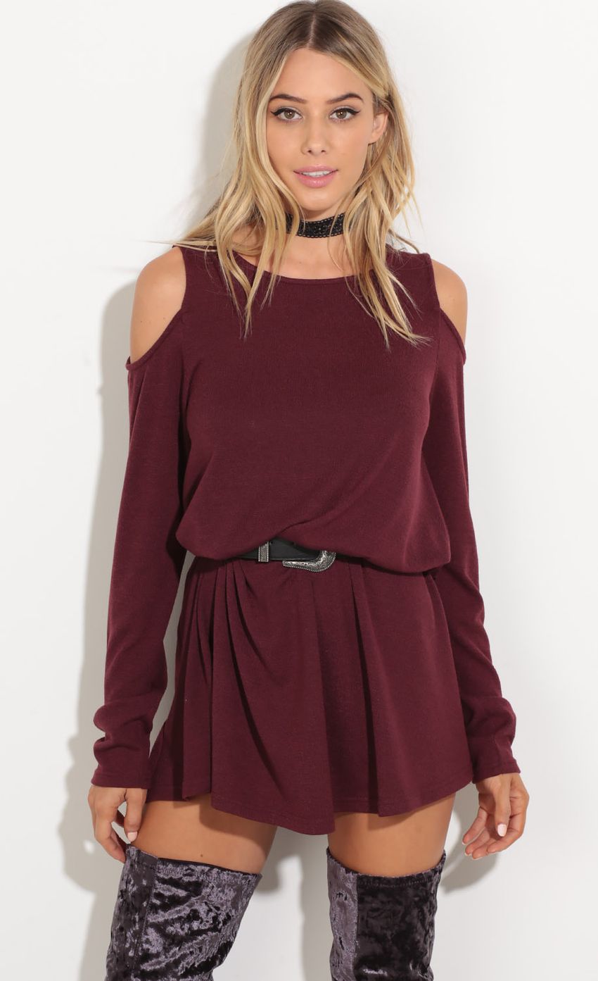Picture Open Shoulder Knit Dress In Wine. Source: https://media-img.lucyinthesky.com/data/Oct16_1/850xAUTO/0Y5A8645.JPG