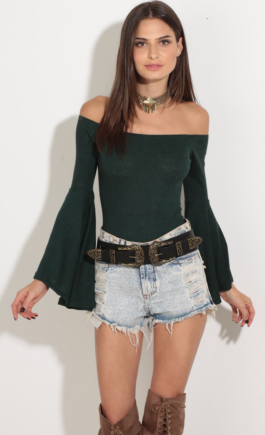 Picture Bell Sleeve Bodysuit In Forest Green. Source: https://media-img.lucyinthesky.com/data/Oct16_1/850xAUTO/0Y5A9511.JPG