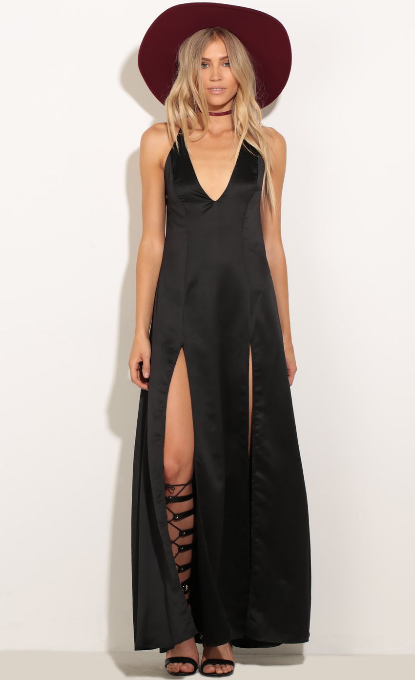 Picture Double Slit Satin Maxi Dress In Black. Source: https://media-img.lucyinthesky.com/data/Oct16_2/850xAUTO/0Y5A3528.JPG