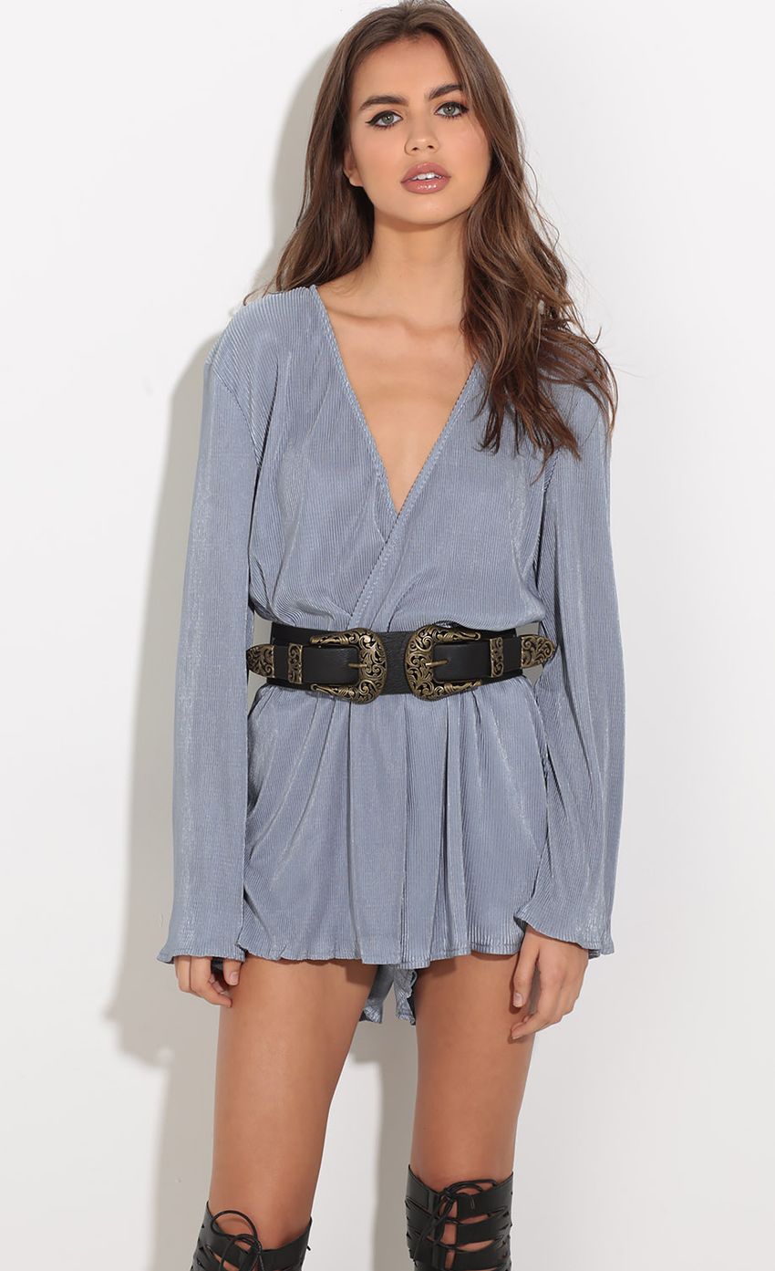 Picture Textured Wrap Romper In Blue. Source: https://media-img.lucyinthesky.com/data/Oct16_2/850xAUTO/0Y5A7211.JPG