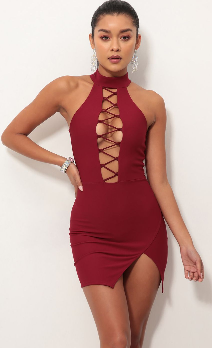 Picture Bianca High Neck Plunge Dress In Wine. Source: https://media-img.lucyinthesky.com/data/Oct18_1/850xAUTO/0Y5A1373S.JPG