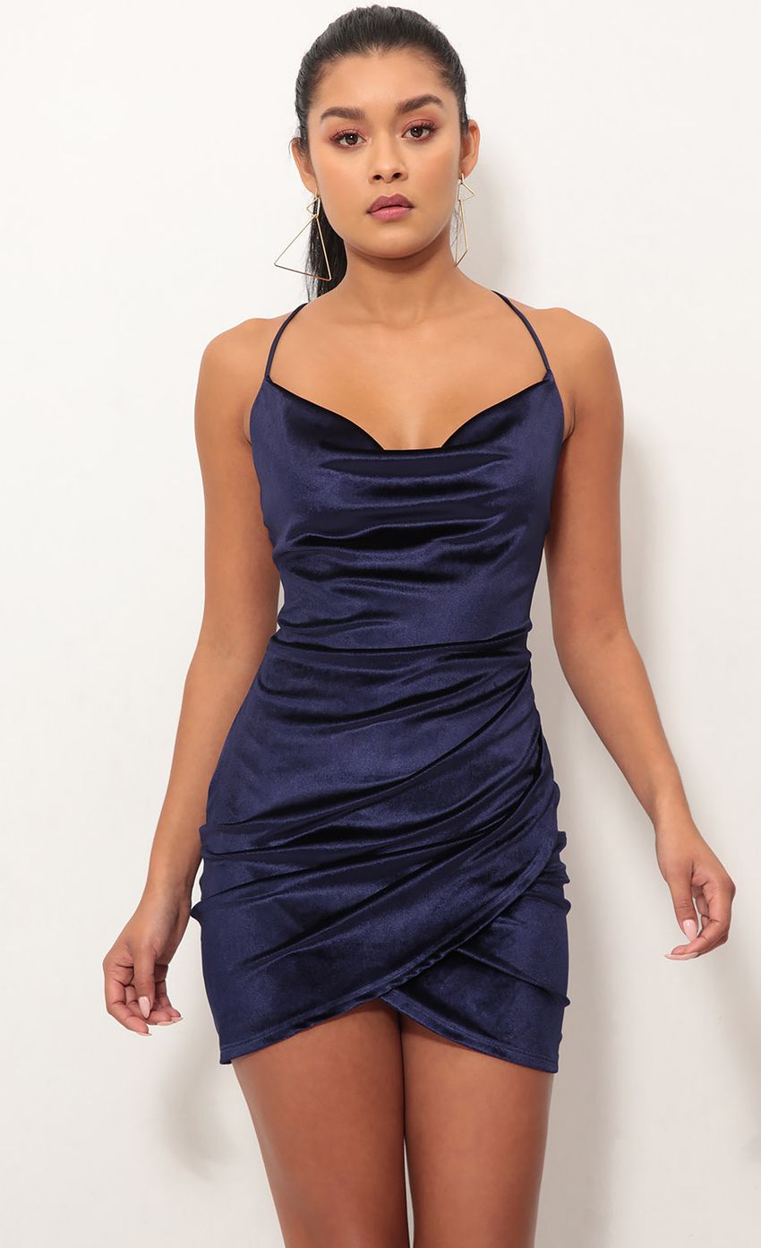 Picture Love Lies Velvet Dress in Navy. Source: https://media-img.lucyinthesky.com/data/Oct18_1/850xAUTO/0Y5A2524S.JPG