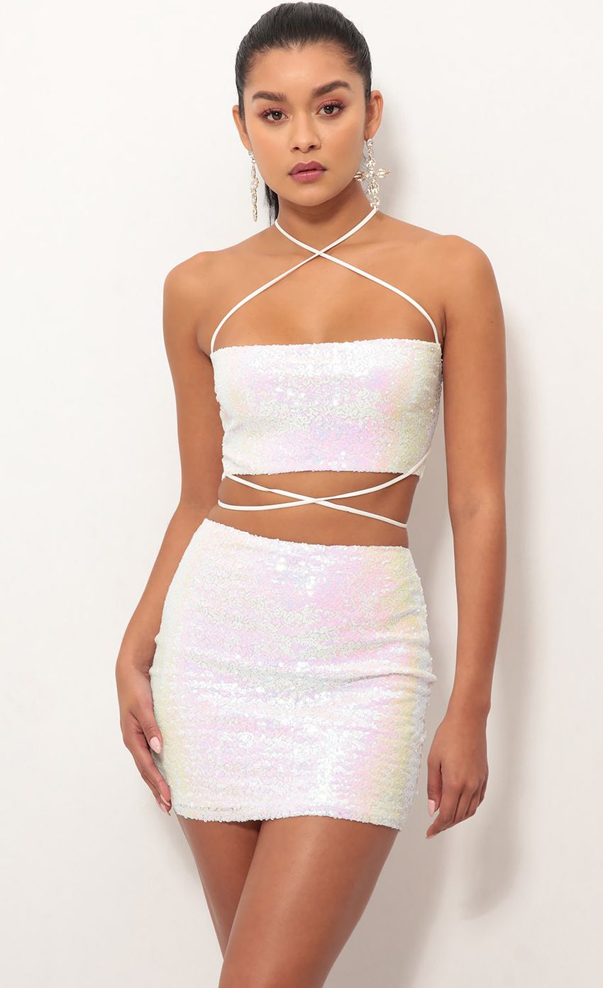 Picture Eva Iridescent Sequin Skirt Set in White. Source: https://media-img.lucyinthesky.com/data/Oct18_1/850xAUTO/0Y5A2967.JPG